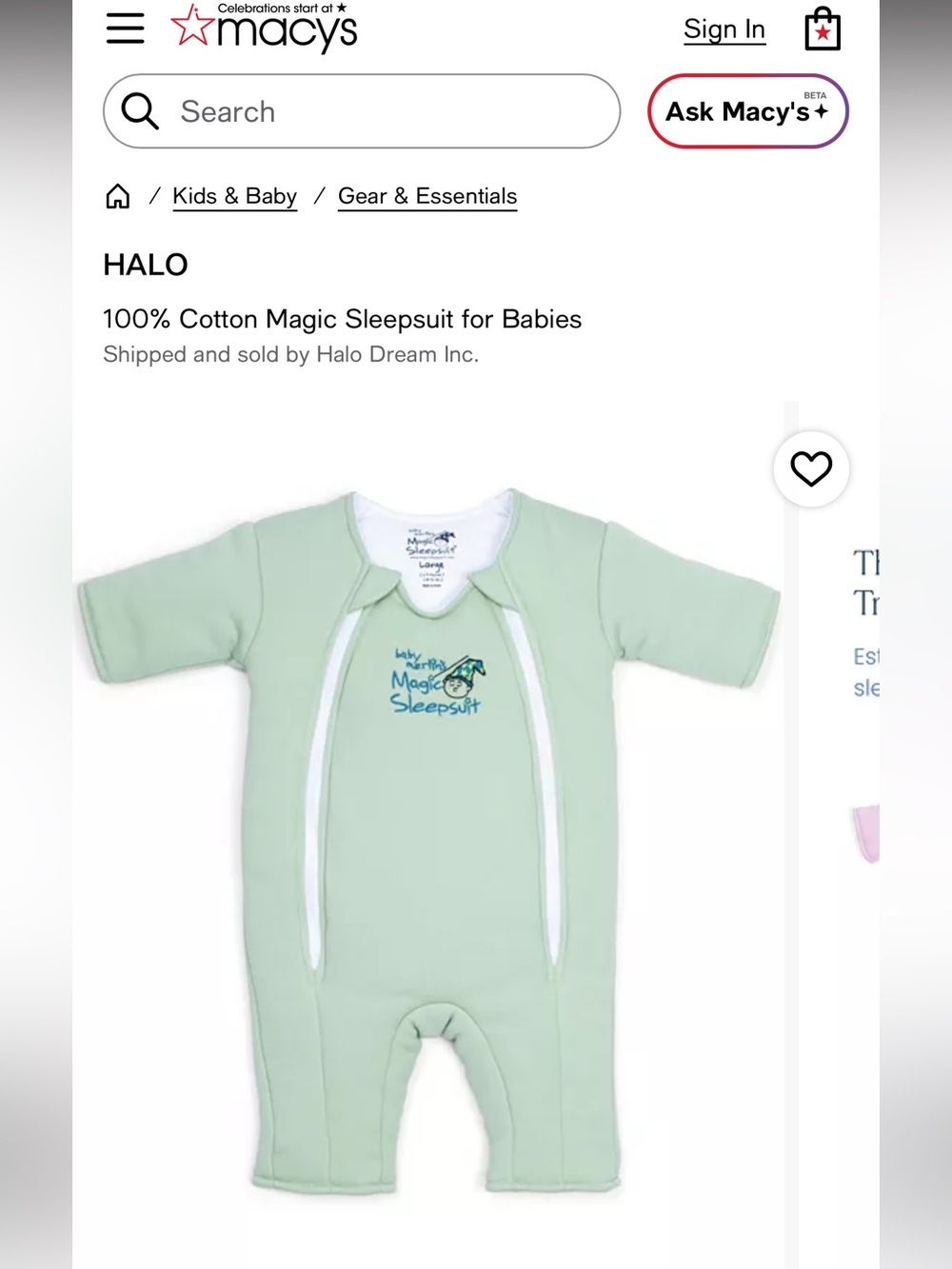Halo Baby Magic Sleepsuit in Mint Green with White Trim Size 3-6 m BNWOT